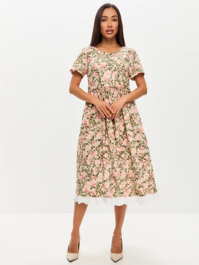 Платье из хлопка без воротника с розовыми цветами и зелеными листьями OD-727-13