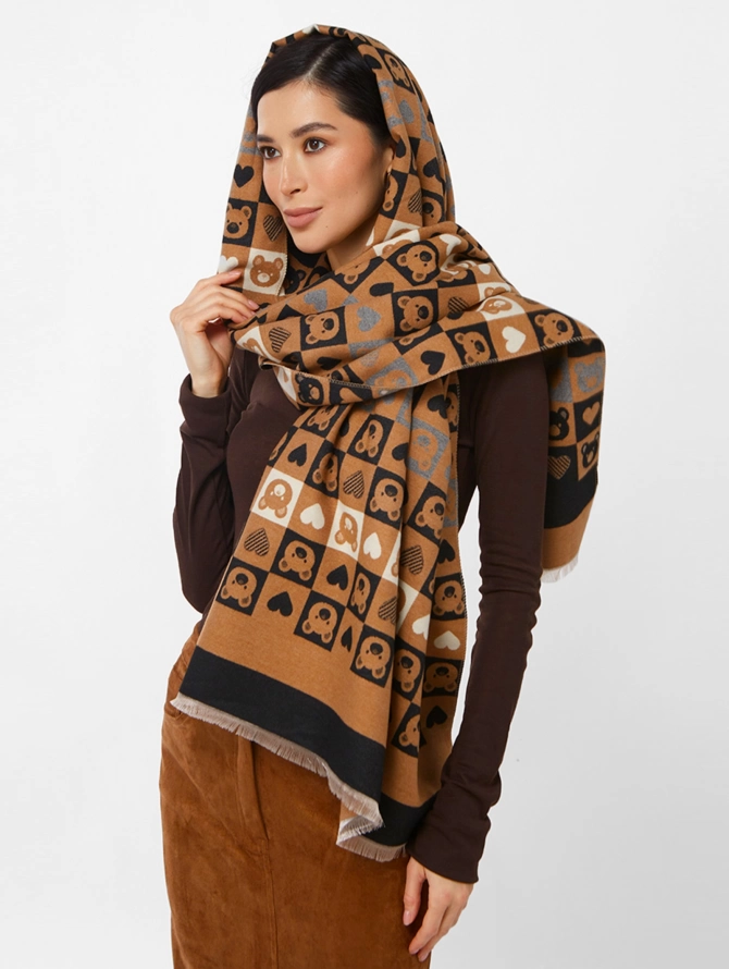 Палантин женский двусторонний с принтом 'Мишки и Сердца'