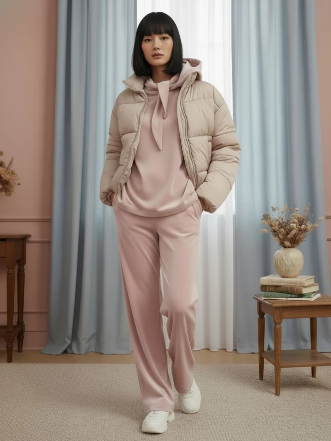 Костюм из велюра со съемным капюшоном и резинкой в комплекте OD-1009-1 розовый