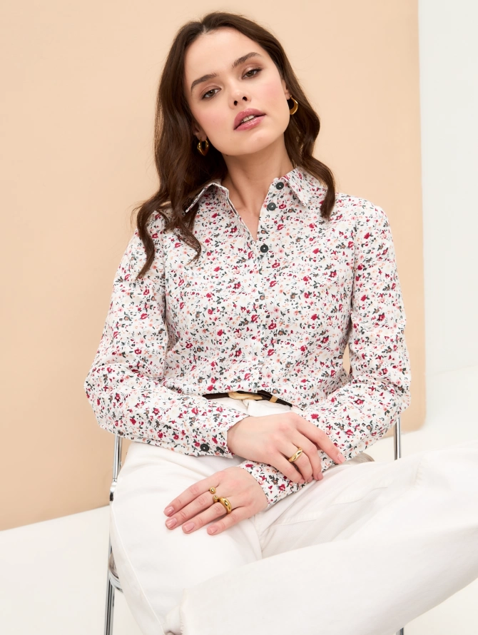 Рубашка из хлопка и штапеля с цветочным принтом и контрастной стойкой