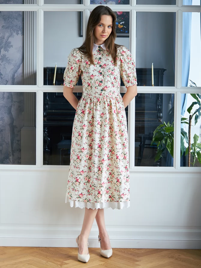 Платье хлопок OD-790-6 молочный мелкий цветок