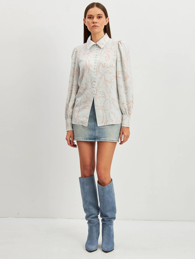 Блузка с принтом OD-639-26 голубая оранжевый цветок