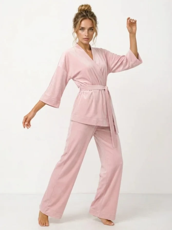 Пижама Кимоно+брюки из велюра, розовый