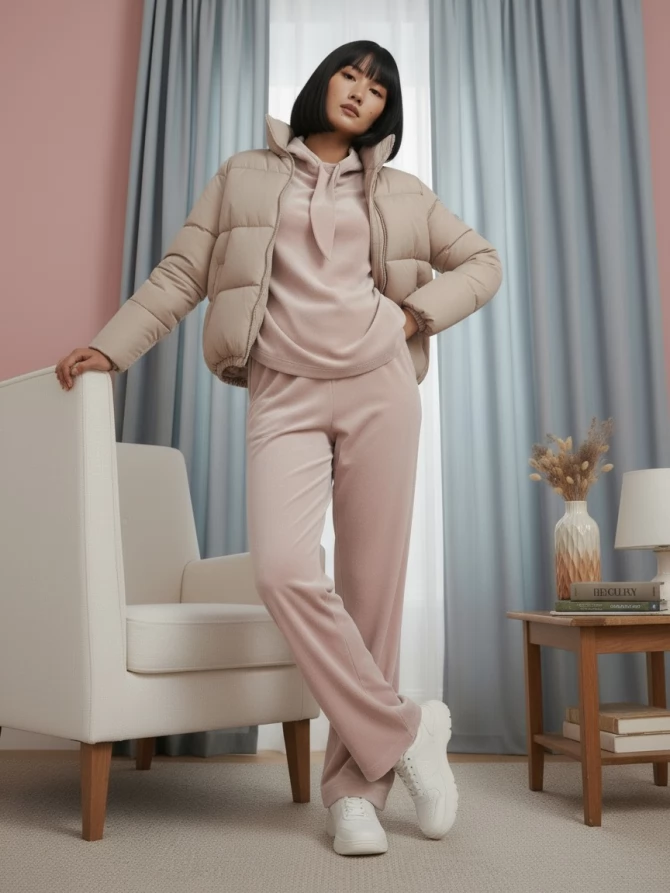 Костюм из велюра со съемным капюшоном и резинкой в комплекте OD-1009-1 розовый