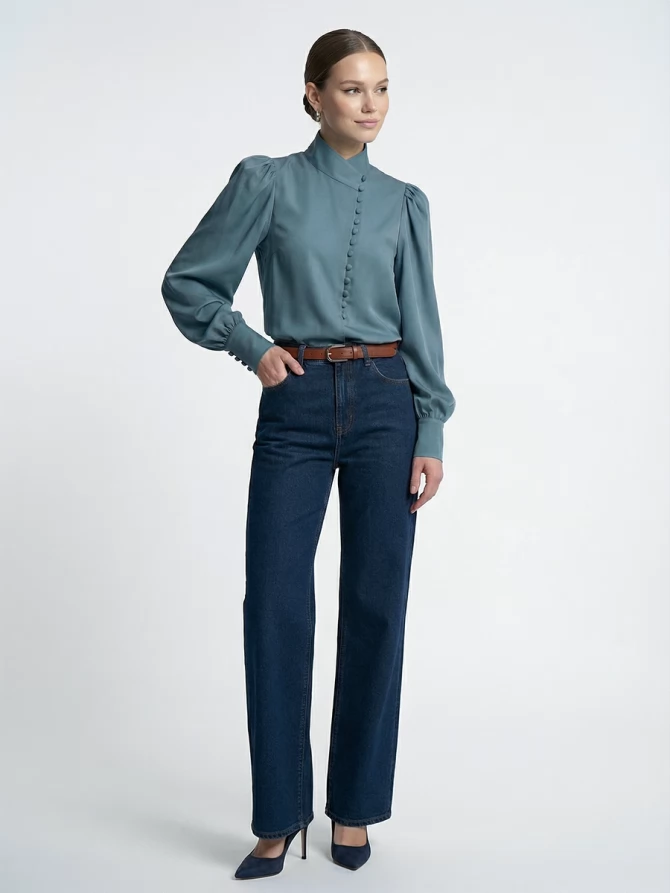 Блуза-косоворотка много пуговиц OD-550-14 серо-зеленый-голубой (морская волна)