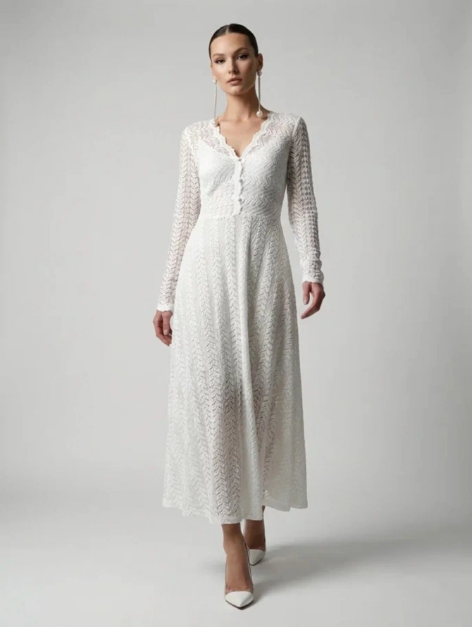 Платье из трикотажного кружева на подкладке с V-образным вырезом, белое OD-1017-2