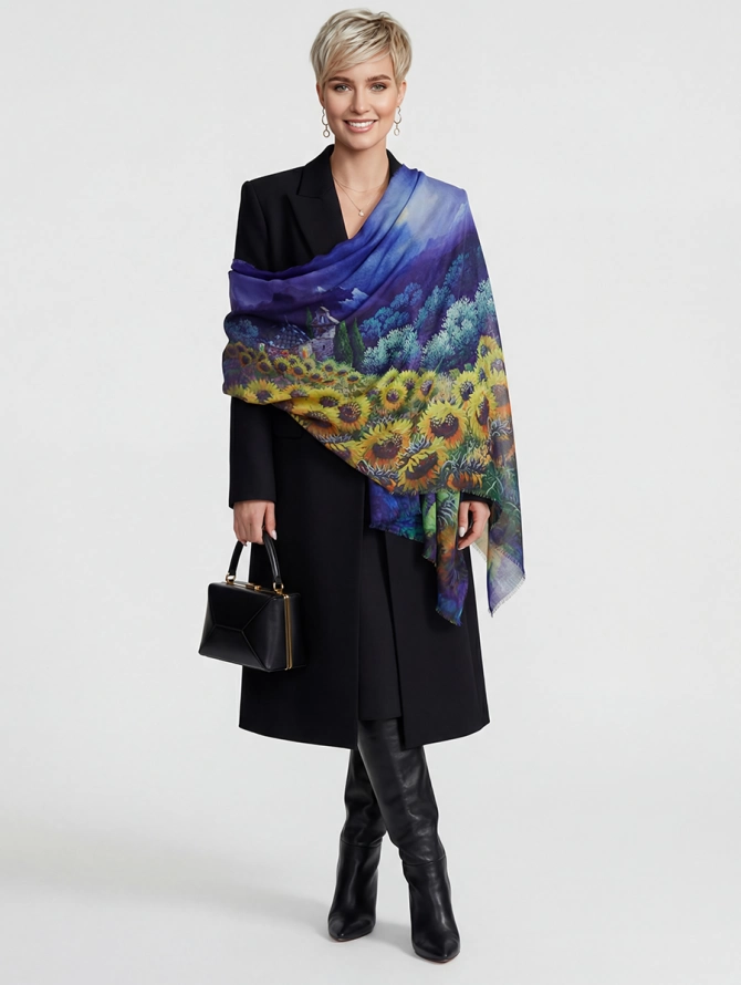 Платок двусторонний с арт-деко принтом и бахромой