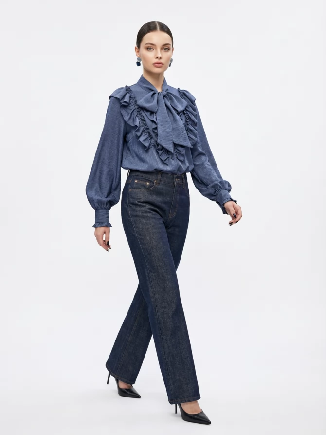 Блузка с рюшами и воротником-завязка OD-988-3 синий