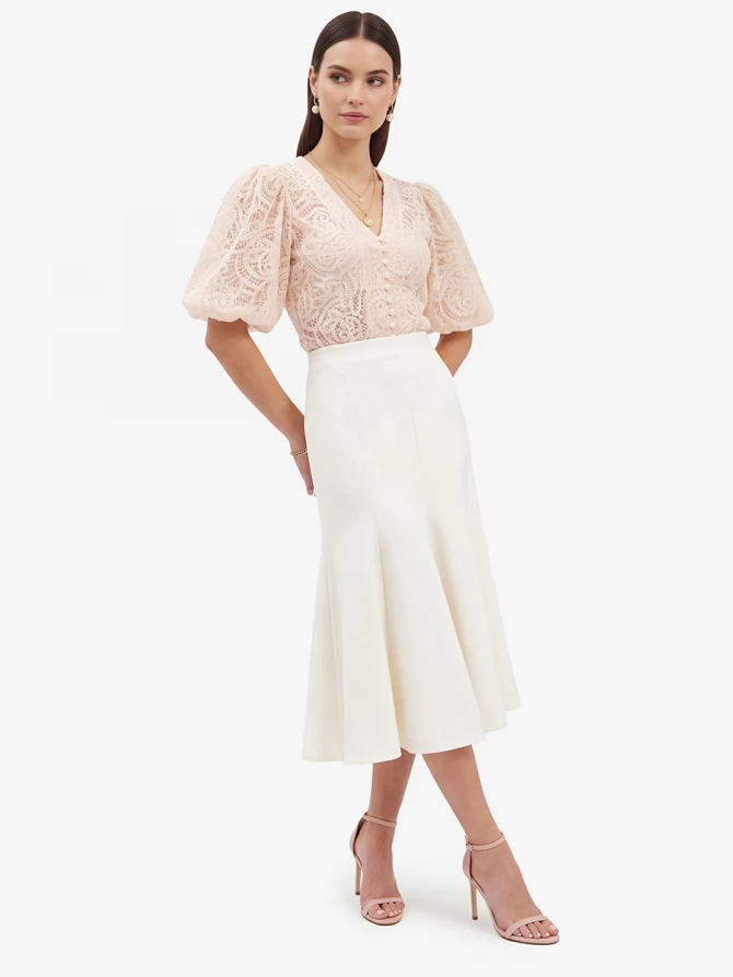 Блузка кружевная приталенная с объемным рукавом, лосось OD-1038-3