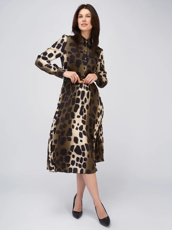 Платье с юбкой плиссе OD-883-1 леопард коричневый с хаки