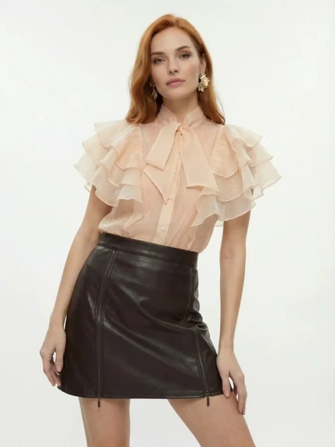 Юбка короткая из эко-кожи с молниями OD-1004-1 коричневый