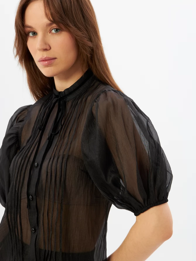 Блузка из органзы с бархатной завязкой и защипами  OD-951-3 черный