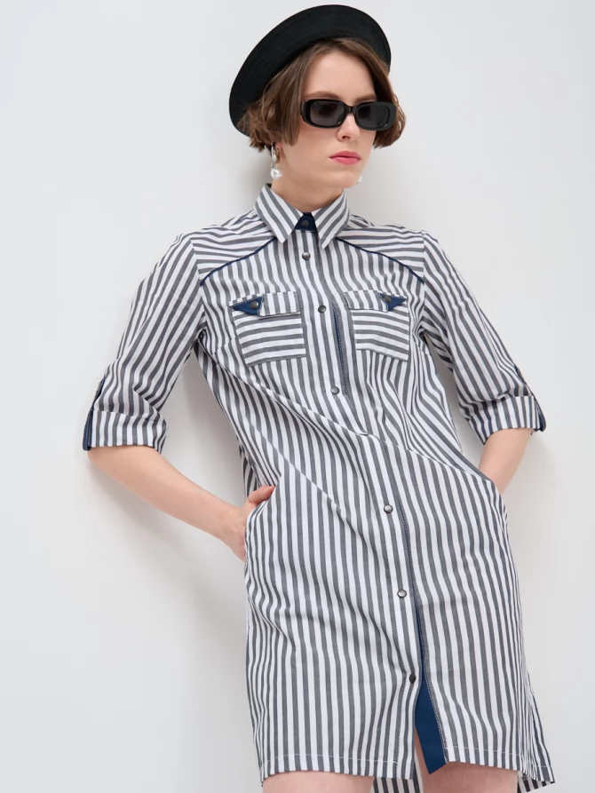 Платье-рубашка прямого силуэта с контрастными вставками