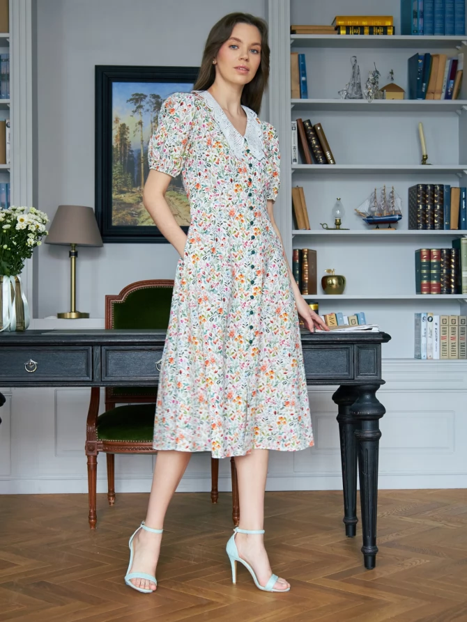 Платьеиз хлопка с кружевным воротником  OD-948-1 желтые цветы на белом