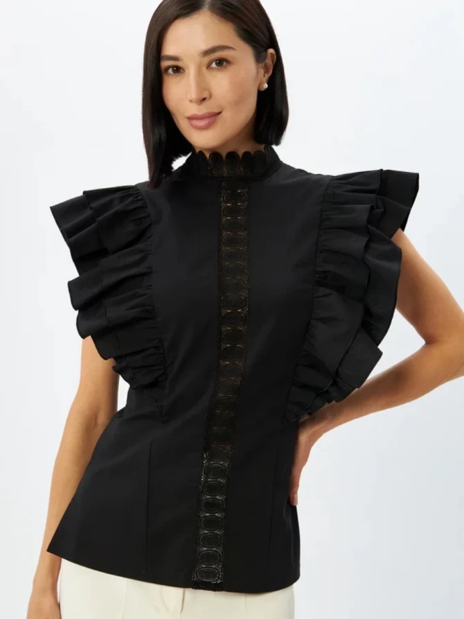 Блузка из хлопка с крыльями и кружевом, черная