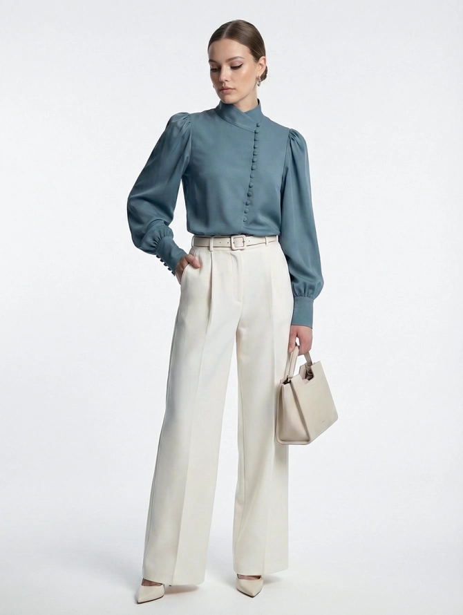 Блуза-косоворотка с множеством пуговиц, оттенок морской волны