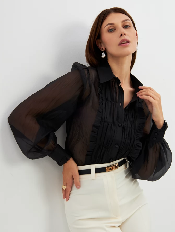 Блузка из органзы со сборкой OD-928-2 черный