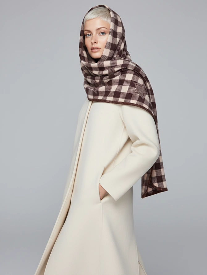 Палантин женский теплый мягкий клетчатый двусторонний