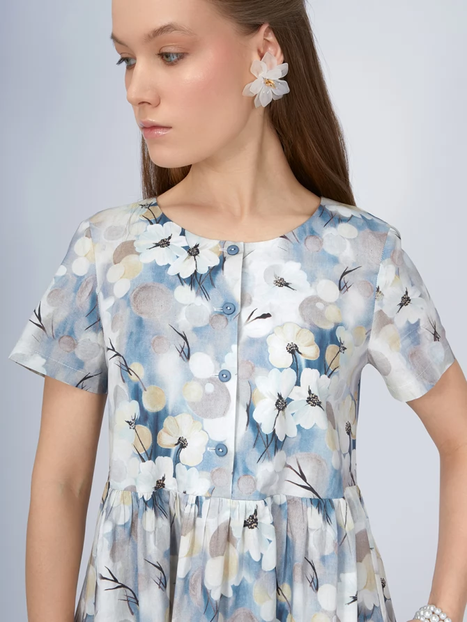 Платье из хлопка без воротника OD-727-9 крупные цветы на белом