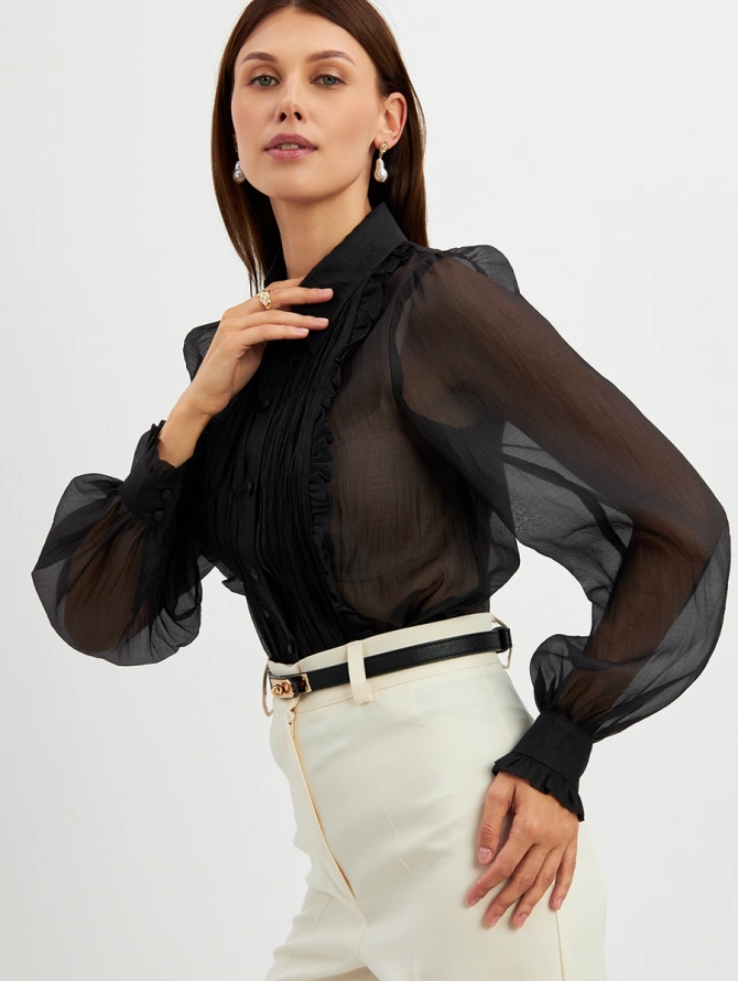 Блузка из органзы со сборкой OD-928-2, черный