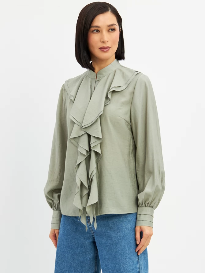 Блузкас отлетными рюшами OD-914-3 полынь
