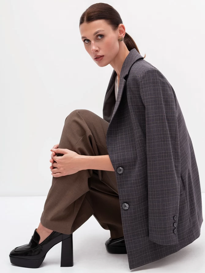 Жакет длинный OD-839-4 сине-бежевая клетка