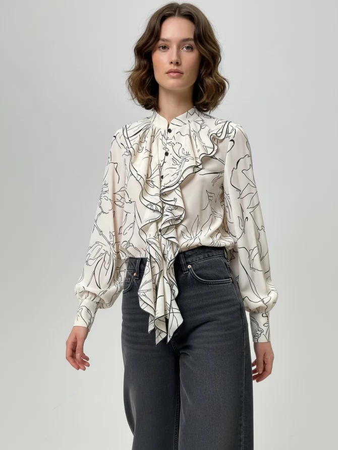 Блузка с отлетными рюшами OD-914-6 молочный с черным