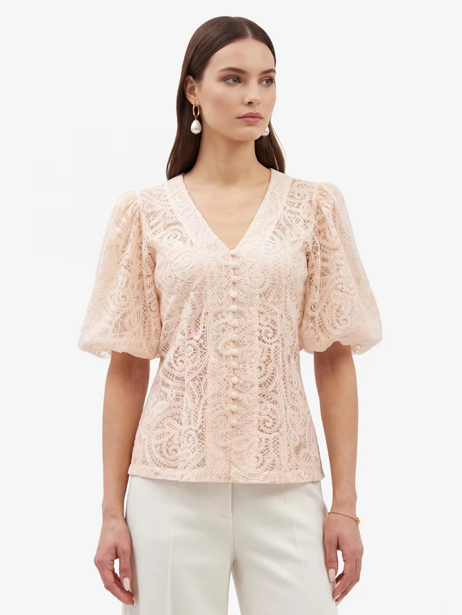 Блузка кружевная приталенная с объемным рукавом, лосось OD-1038-3