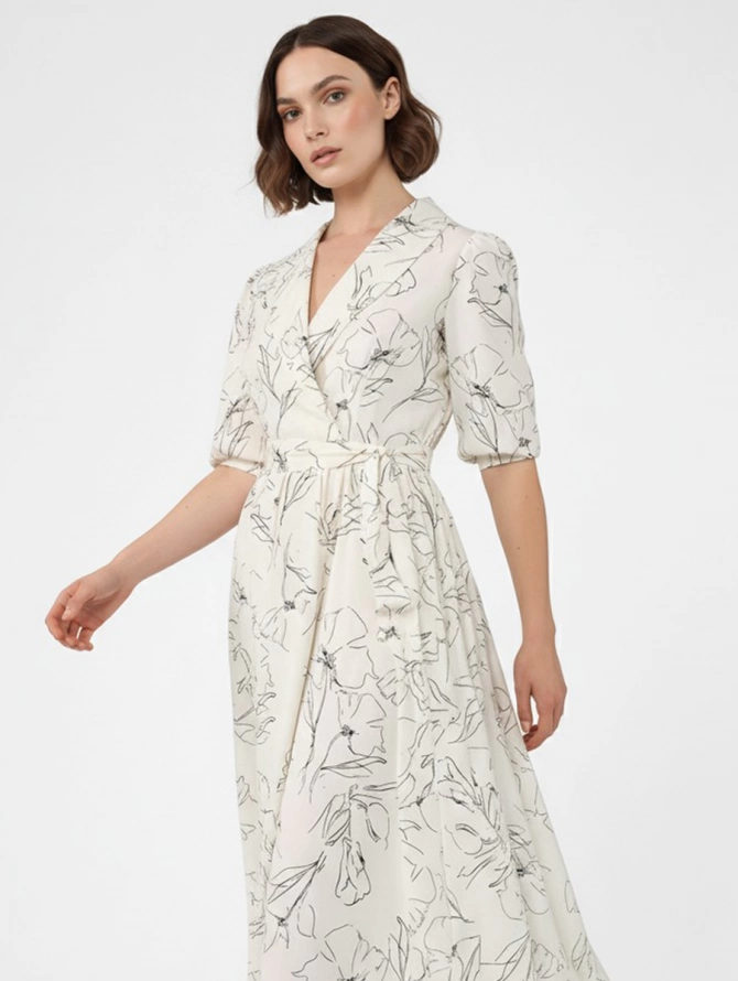 Платье с шалевым воротником и принтом, молочное OD-811-2