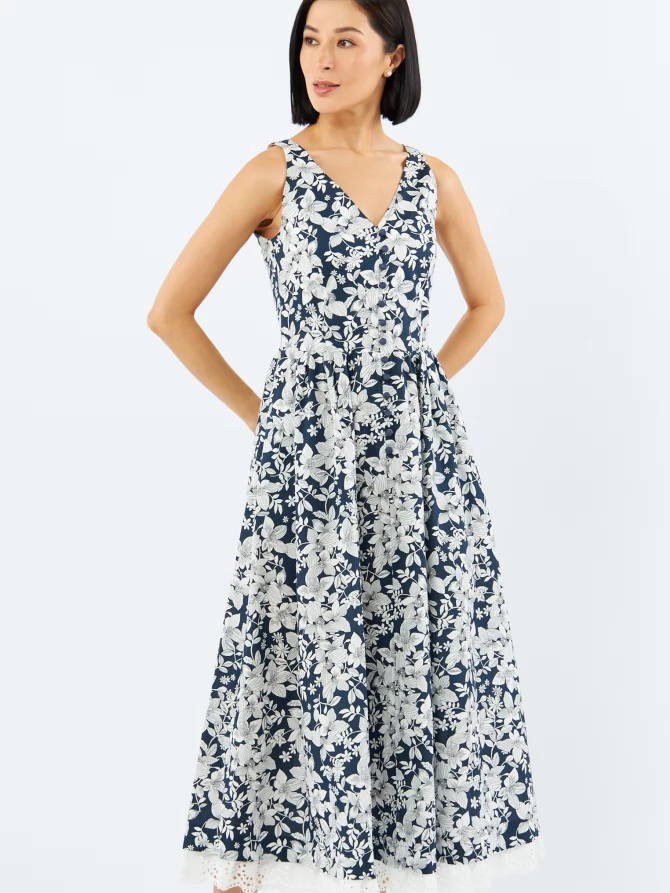 Платье из хлопка с кружевом OD-925-2 крупные белые цветы на синем