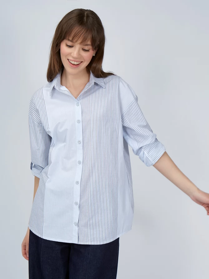 Рубашка полосатая хлопковая серо-голубая
