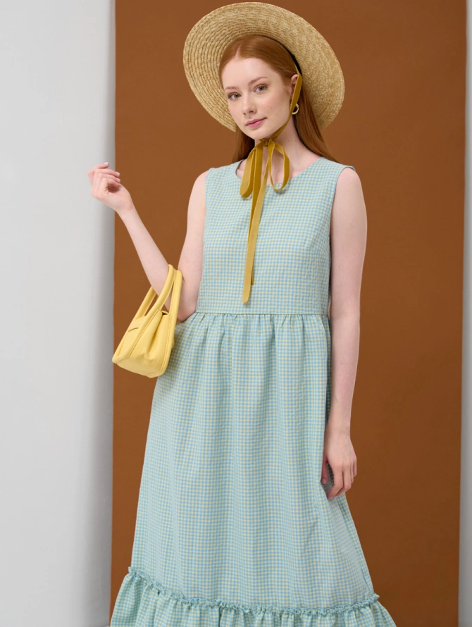 Платье хлопковое А-силуэта в желто-голубую клетку OD-792-1