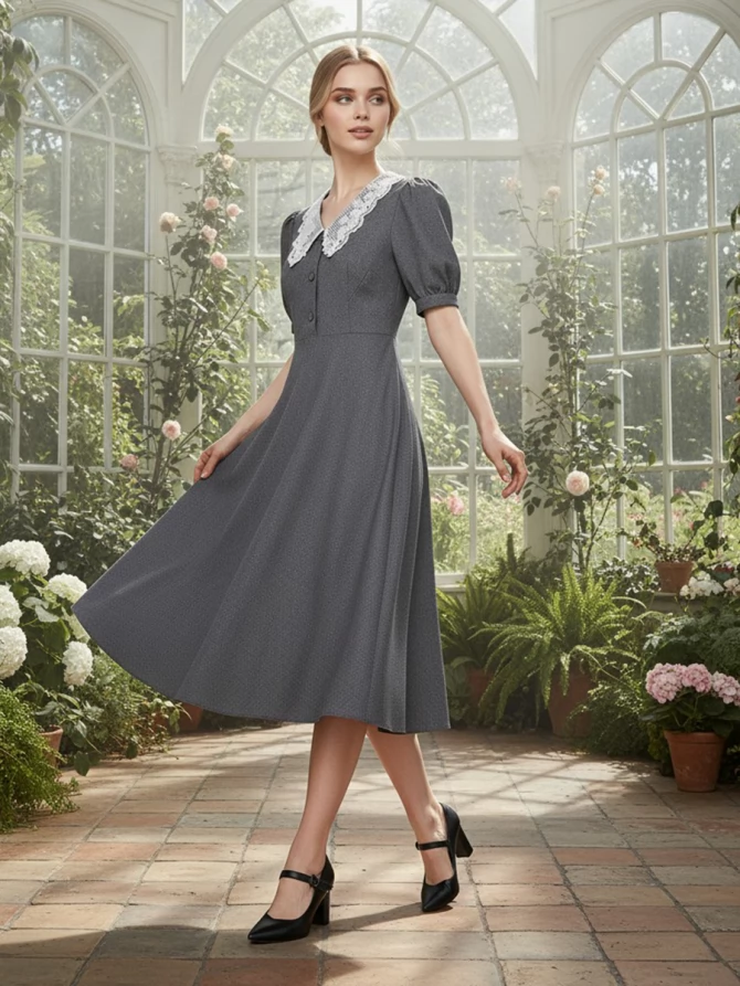 Платье с кружевным воротником  OD-888-1 серый