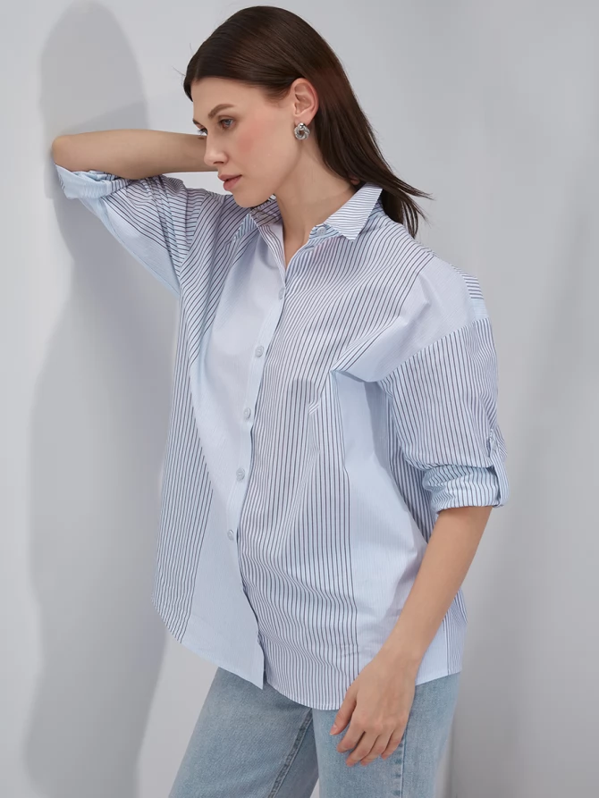 Рубашка полосатая хлопковая серо-голубая