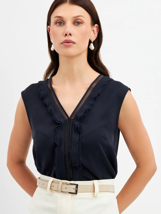 Топ со вставкой из органзы синий