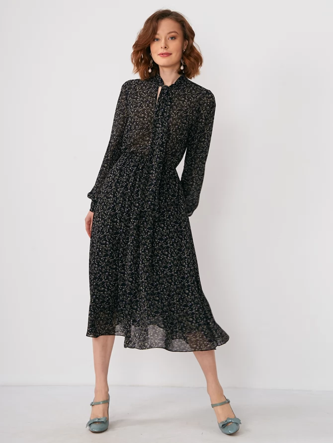 Платье шифон резинка+галстук OD-838-2 черное в мелкий цветок