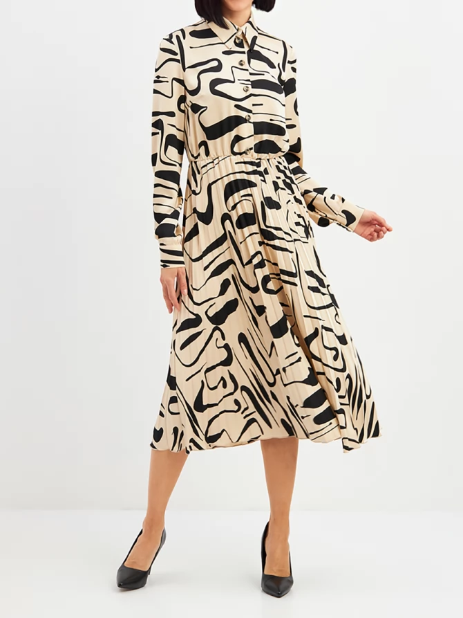 Платье с юбкой плиссе OD-883-3 бежевый с черными разводами