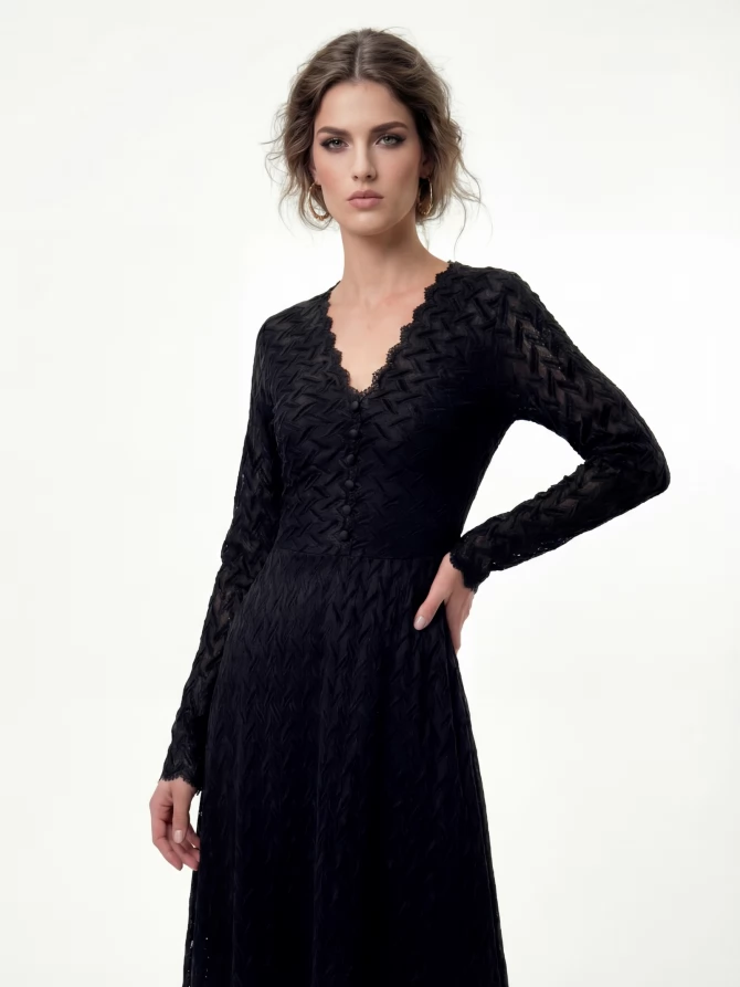 Платье из трикотажного кружева на подкладке с V-образным вырезом, черный, с фестонами