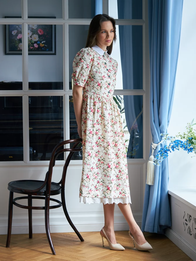 Платье хлопок OD-790-6 молочный мелкий цветок