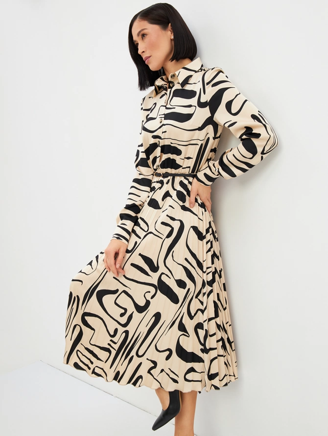 Платье с юбкой плиссе OD-883-3 бежевый с черными разводами