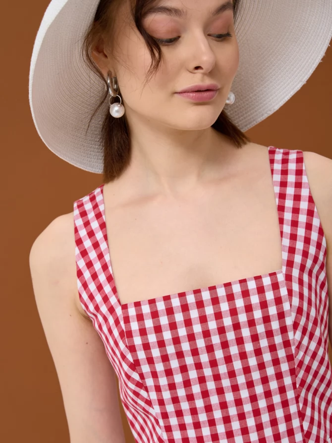 Платье хлопок OD-799-2 клетка красно-белая