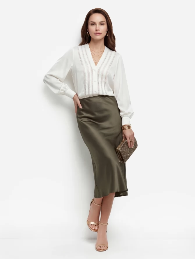 Блузка с V-образным вырезом и кружевом OD-1014-1 белый