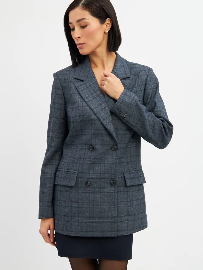 Жакет двубортный на подкладке  OD-980-2 клетка серо-синяя
