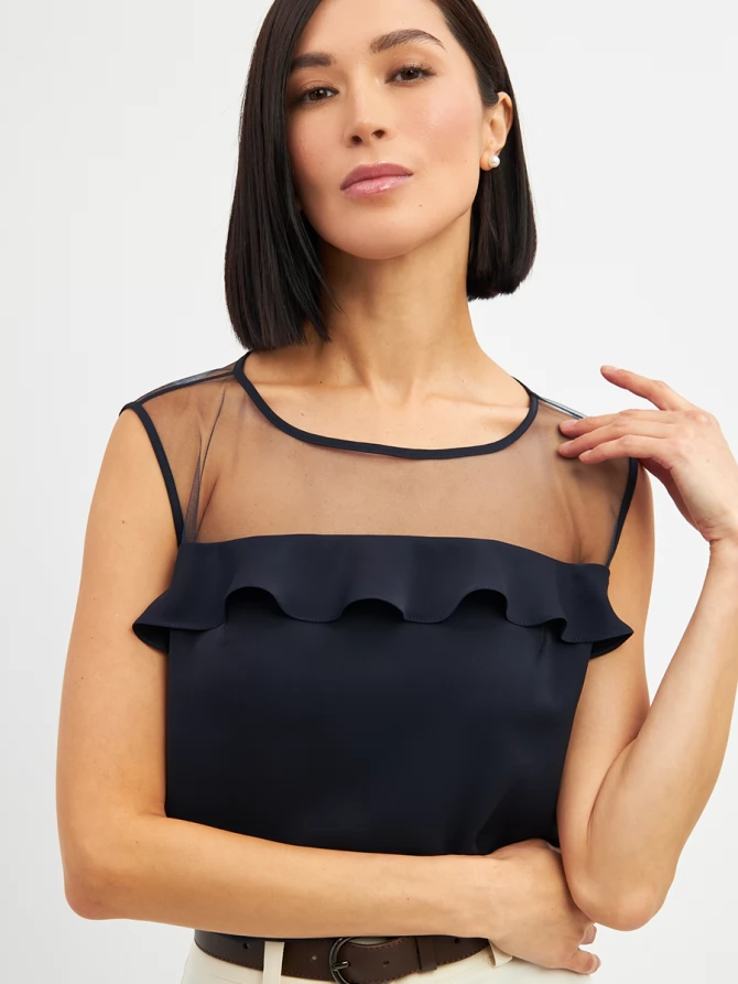 Блузка без рукавов с сеткой и воланом OD-992-2 т. синий