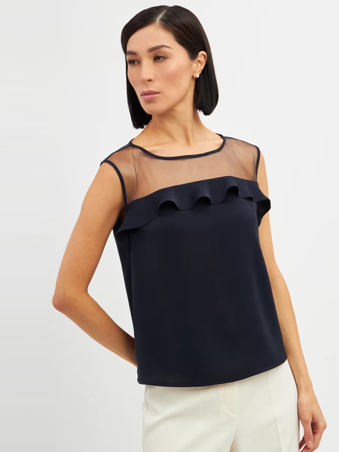 Блузка без рукавов с сеткой и воланом OD-992-2 т. синий