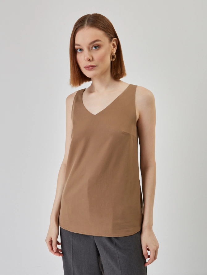 Топ V-образный трапециевидный из блузочной ткани, коричневый