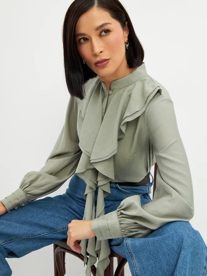 Блузкас отлетными рюшами OD-914-3 полынь