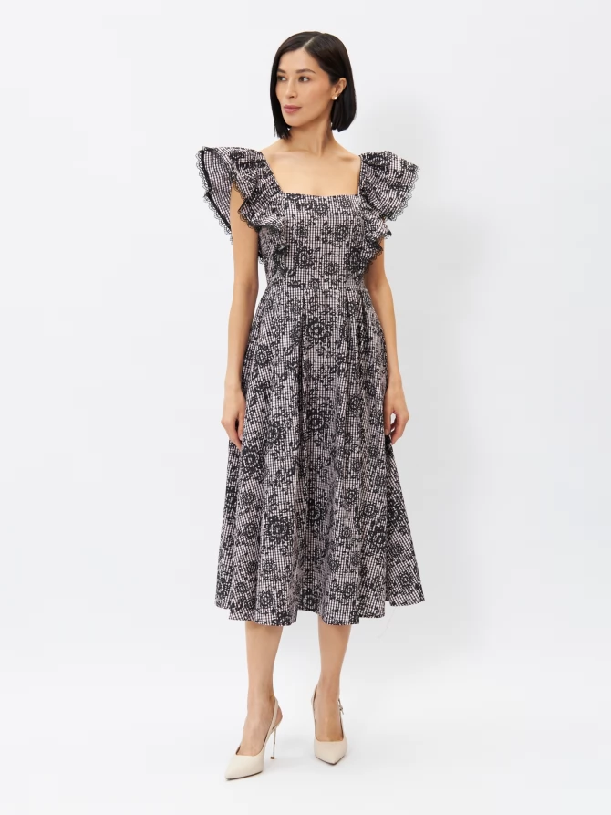 Платье из хлопка с кружевом OD-945-1, клетка ч/б с напылением