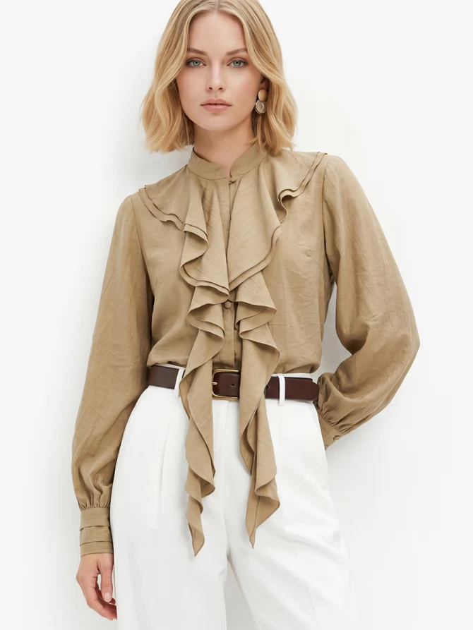 Блузкас отлетными рюшами OD-914-2 хаки