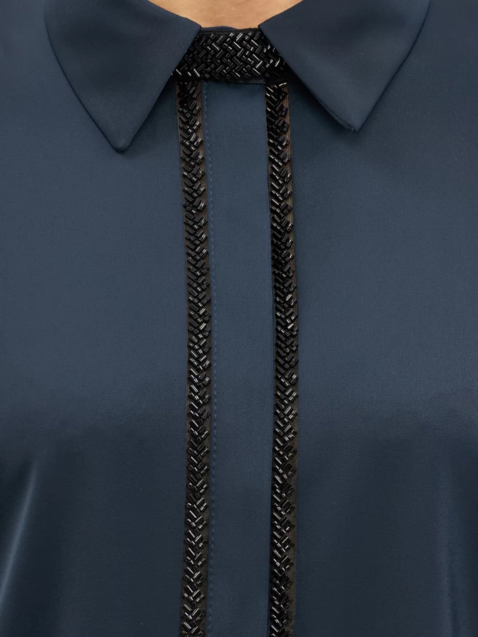 Блуза с узкой бисерной тесьмой OD-1016-1 темно-синий